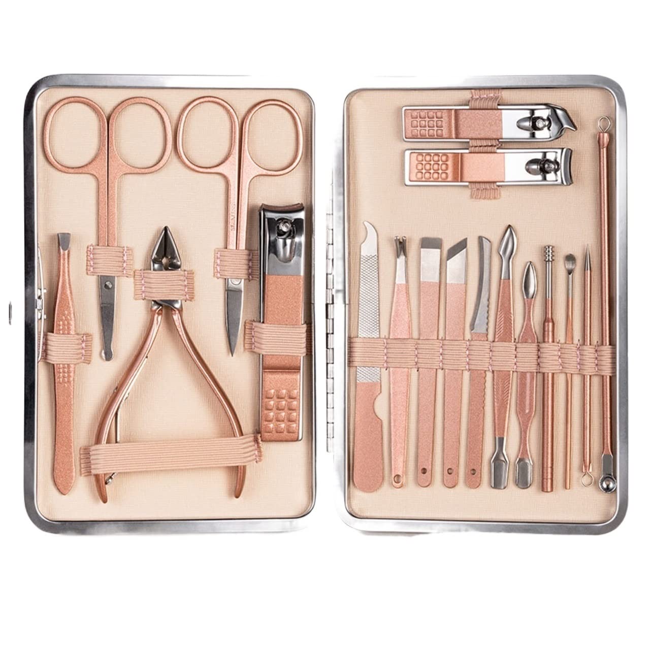Juego de 7-23 tijeras profesionales para cortar uñas y pedicura, de acero inoxidable, gancho de águila, portátil, para manicura (18 piezas, rosa)