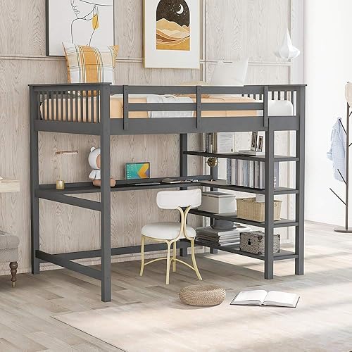 RUNWON Cama loft de madera de goma de tamaño matrimonial con estantes de almacenamiento y escritorio debajo de la cama para dormitorio de niños