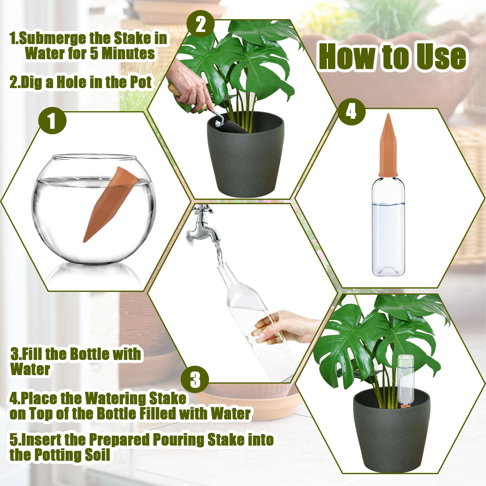 Lot de 8 dispositifs d'arrosage automatique en terre cuite pour plantes avec bouteilles en plastique, à libération lente pour intérieur ou extérieur