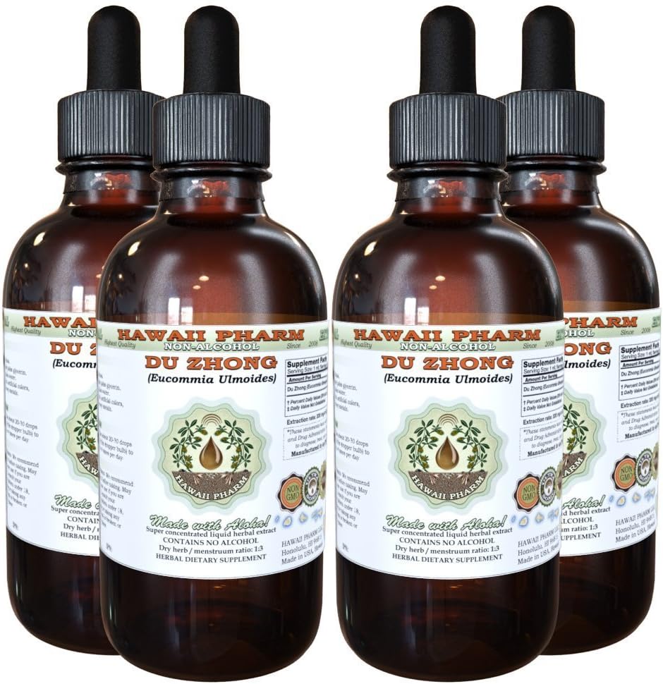Hawaii Pharm Du Zhong Alcohol-Free Liquid Extract, Du Zhong, Eucommia (Eucommia Ulmoides) Bark Glycerite Natural Herbal Supplement 4x4 oz
