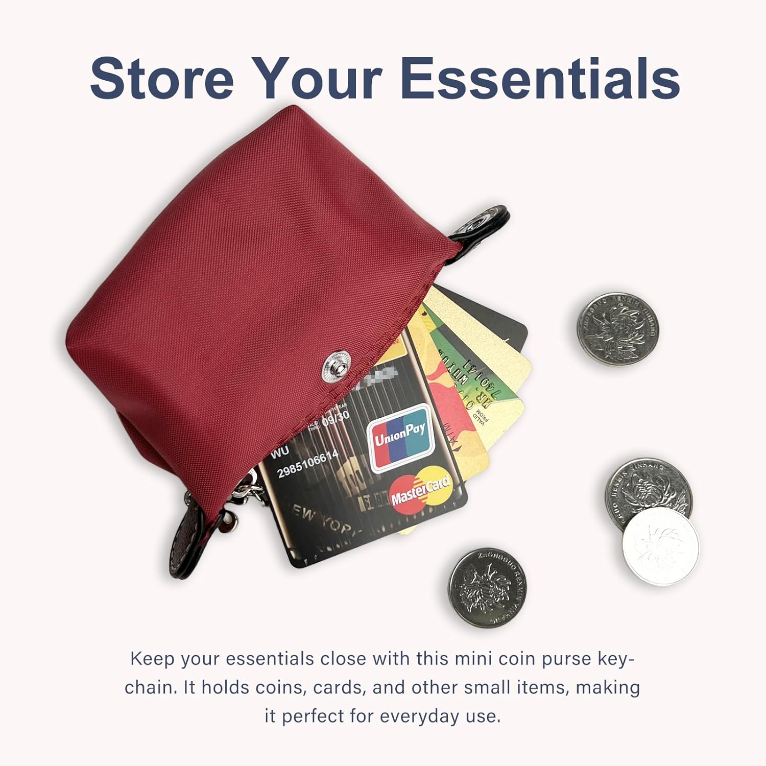 Women’s Mini Coin Purse Keychain – Vintage Nylon Zip Wallet – Compact, Stylish Change Purse for Cards, Cash, and Coins (red) - Image 4