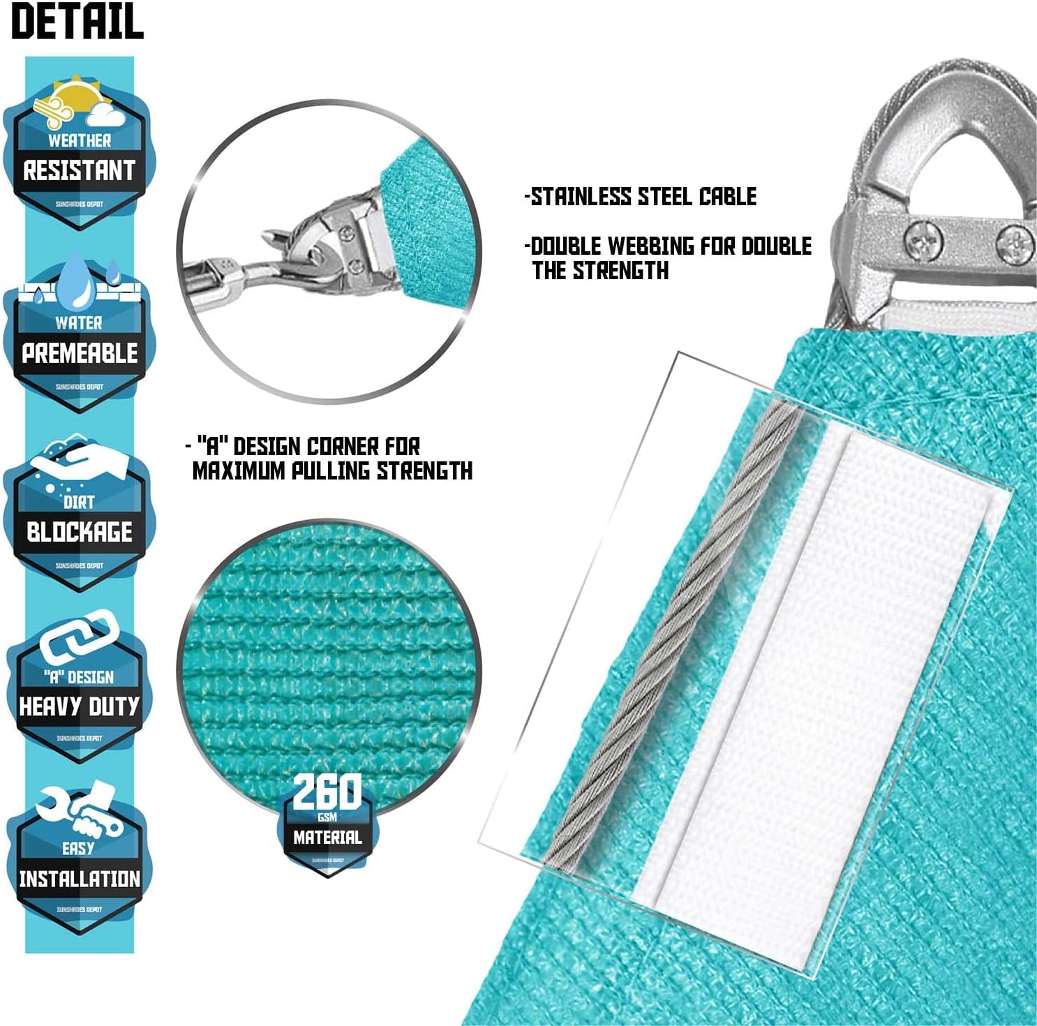 TANG 24'x24'x24' Sun Shade Sail Triangle Shade Cloth Canopy, A Ring with Steel Cable Wire Reinforcement,UV Block Heavy Duty 260 GSM for Patio Pergola Garden Deck Carport Cover, Turquoise
