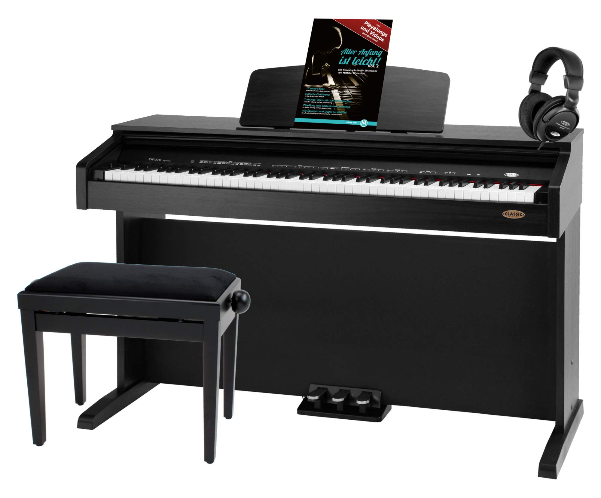 Classic Cantabile DP-210 SM E-Piano SET Piano numérique 88 touches mécaniques, sorties casque, USB, métronome, 3 pédales, noir
