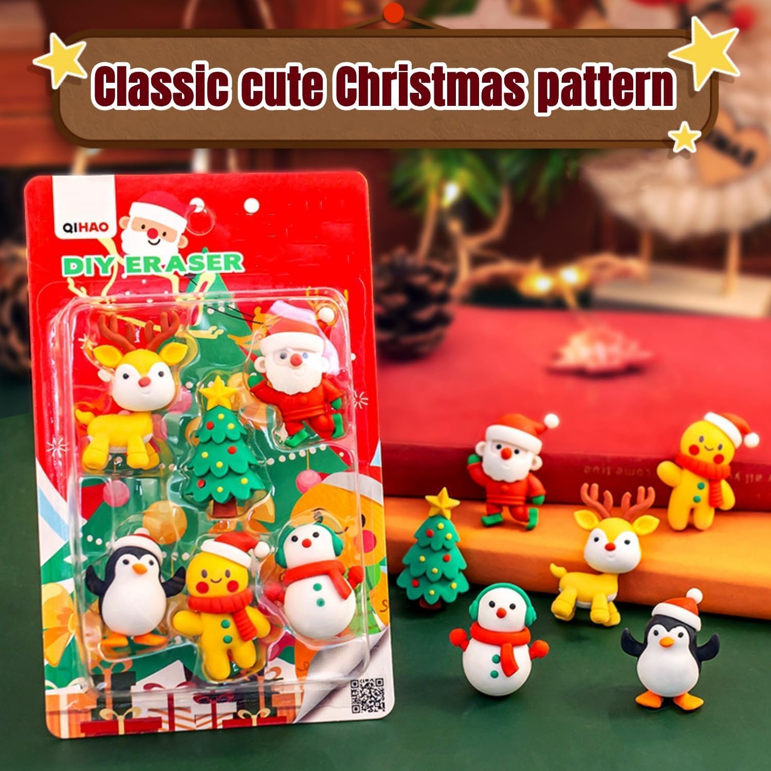 FunClub Cute Cartoon Mini Eraser Merry Christmas Stationery Gift for Kids Kawaii Stationary for Kids Christmas Gifts School Stationery Kit Stationary Set School Gift (Pack of 6)
