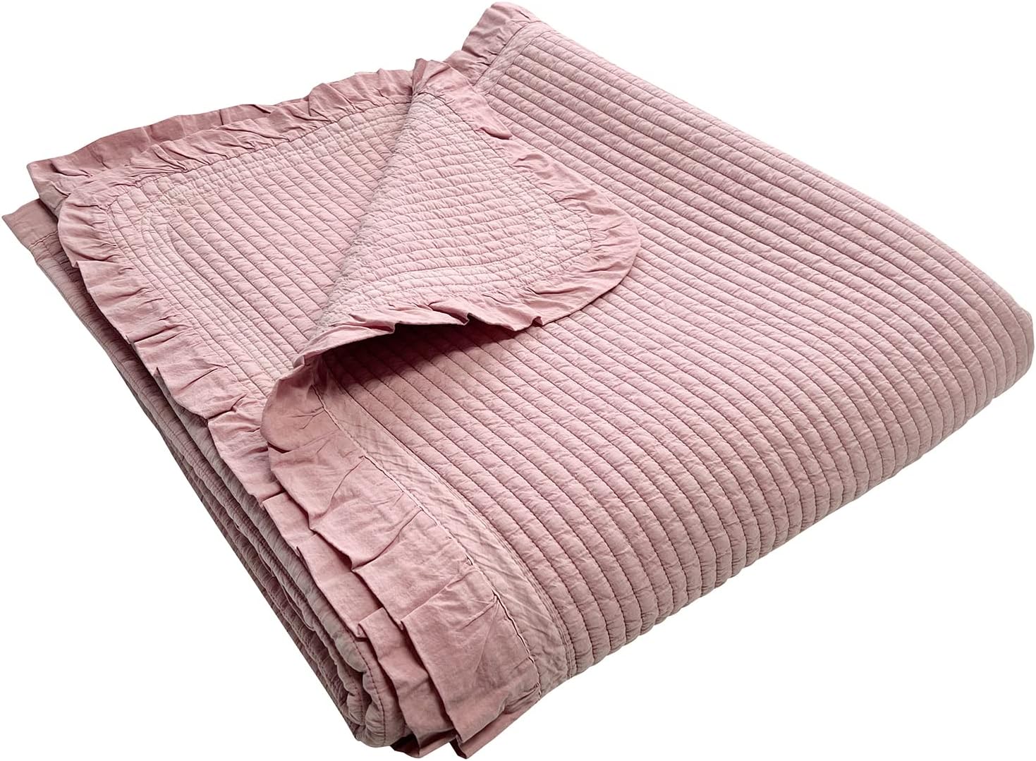100% Cotton Frilled Bed Coverlet, Blanket – Twin Size Bed 63 x 83” - Pigment Washed Soft & Breathable Quilted Blankets for Bed and Couch – Lightweight Bed Coverlet for All Seasons (Indy Pink)