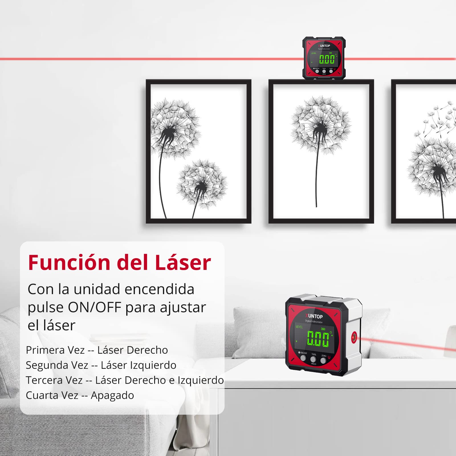 XUNTOP Inclinometro Digital 4x90° Caja de Nivel Digital con Láser Electrónico Inclinómetro Digital Impermeable IP54 para Automóviles, Carpintería, Construcción