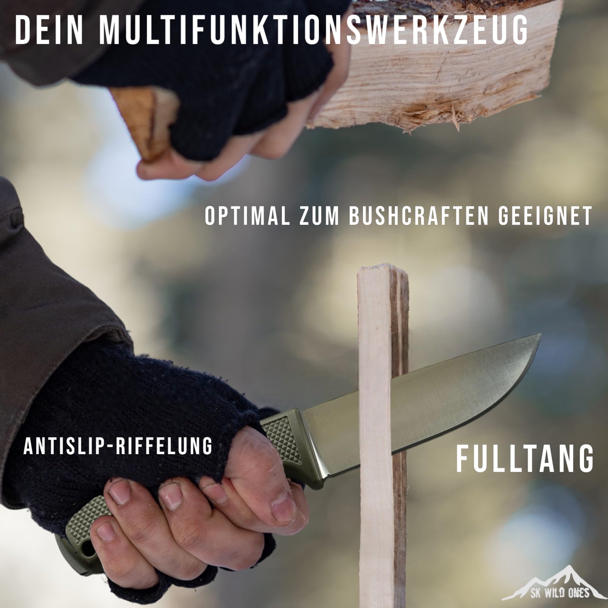 SK Wild Ones® Outdoor-Messer – feststehendes Werkzeug mit Echtleder- & Kydex-Dangler – EDC-Messer – aus 440C Edelstahl – Grün – Bragi