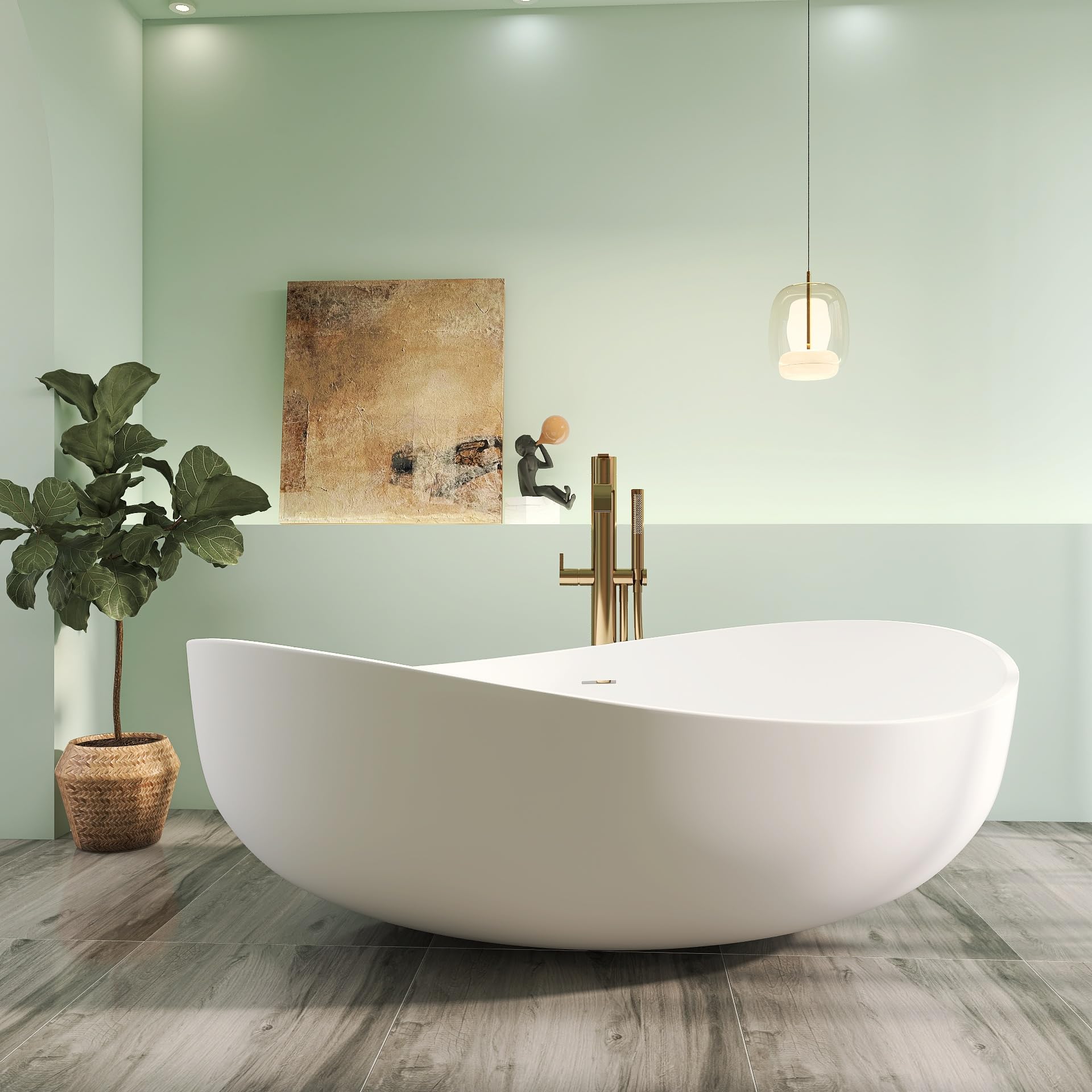 Vasca da bagno indipendente con superficie solida di alta qualità, 180,3 cm, vasca ovale in resina con troppopieno e scarico pop-up, bianco opaco