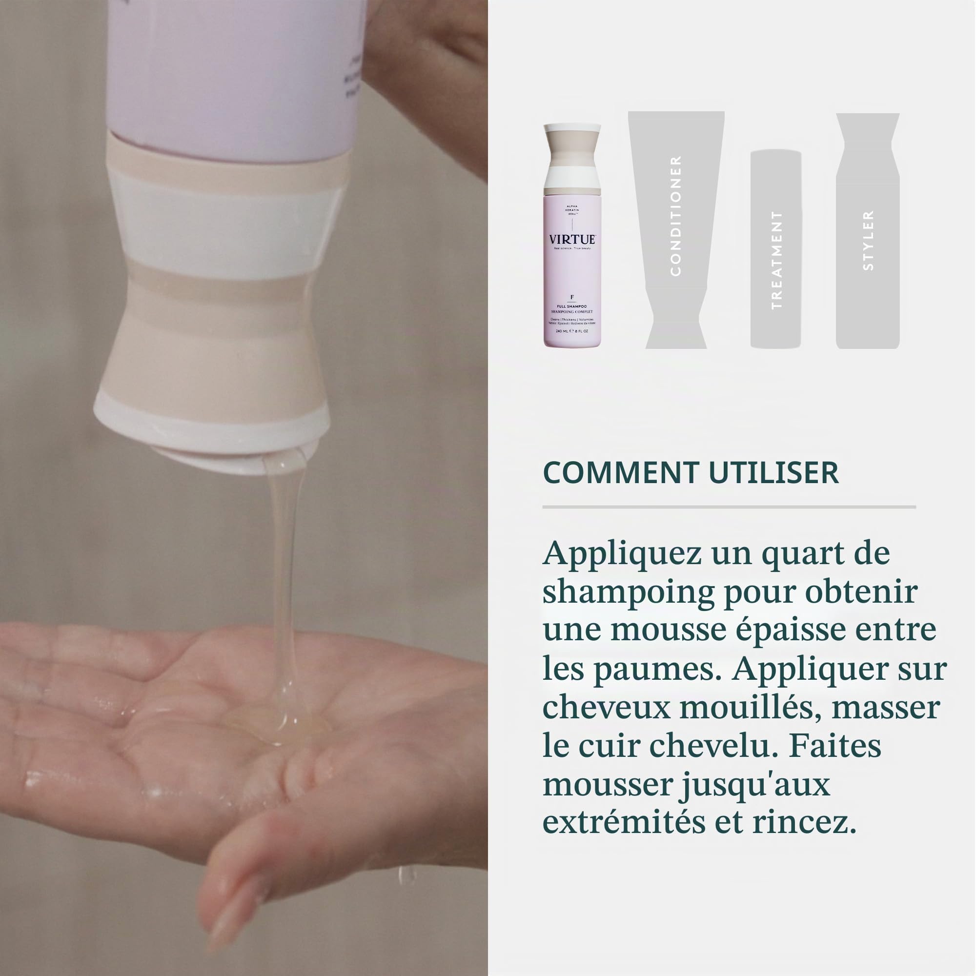 VIRTUE|Shampooing complet 8 FL OZ | L'alpha-kératine épaissit et volumise les cheveux | Sans sulfate, sans paraben, sans colorant, végétalien