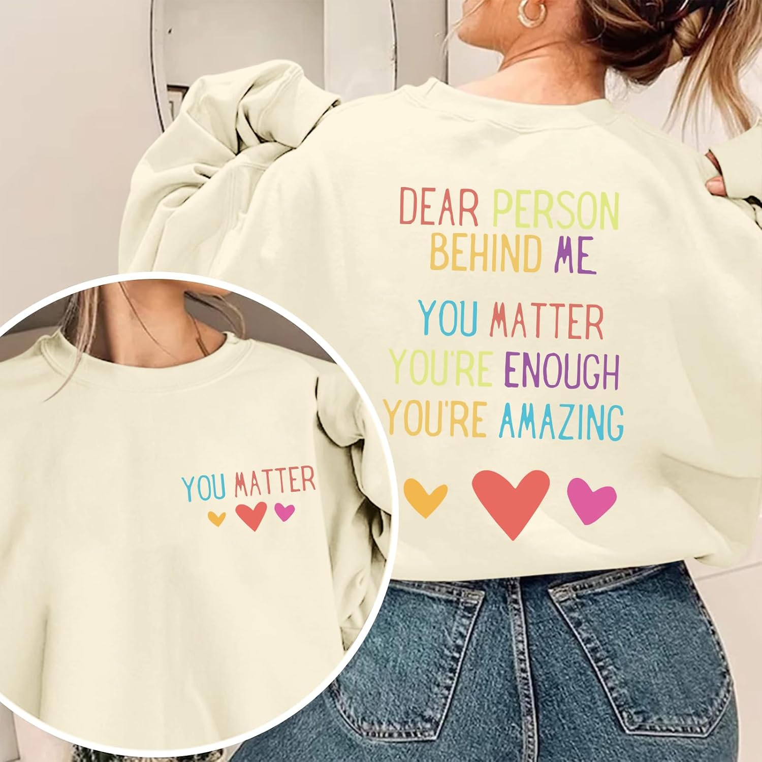KEEVICI Women You Are Enough Sweatshirt Dear Person Behind Me You Matter Hoodie Inspirational Graphic Sweatshirts Cotton Tops - Image 2
