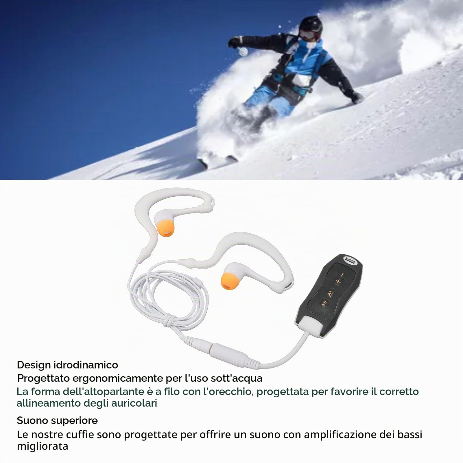 Lettore MP3 impermeabile, 8 GB, IPX8, USB 2.0, lettore MP3 sportivo con cuffie e clip Broadcast, lettore musicale per immersioni, surf (nero)