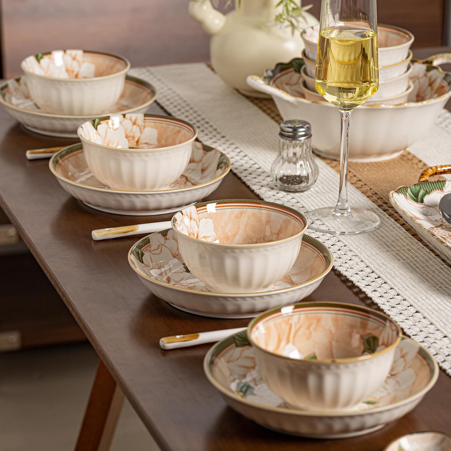 43 Piece Ceramic Dinnerware Set, Microwave & Dishwasher Safe Plates and Bowls with Camellia Pattern, Porcelain Dishware for Kitchen & Dining