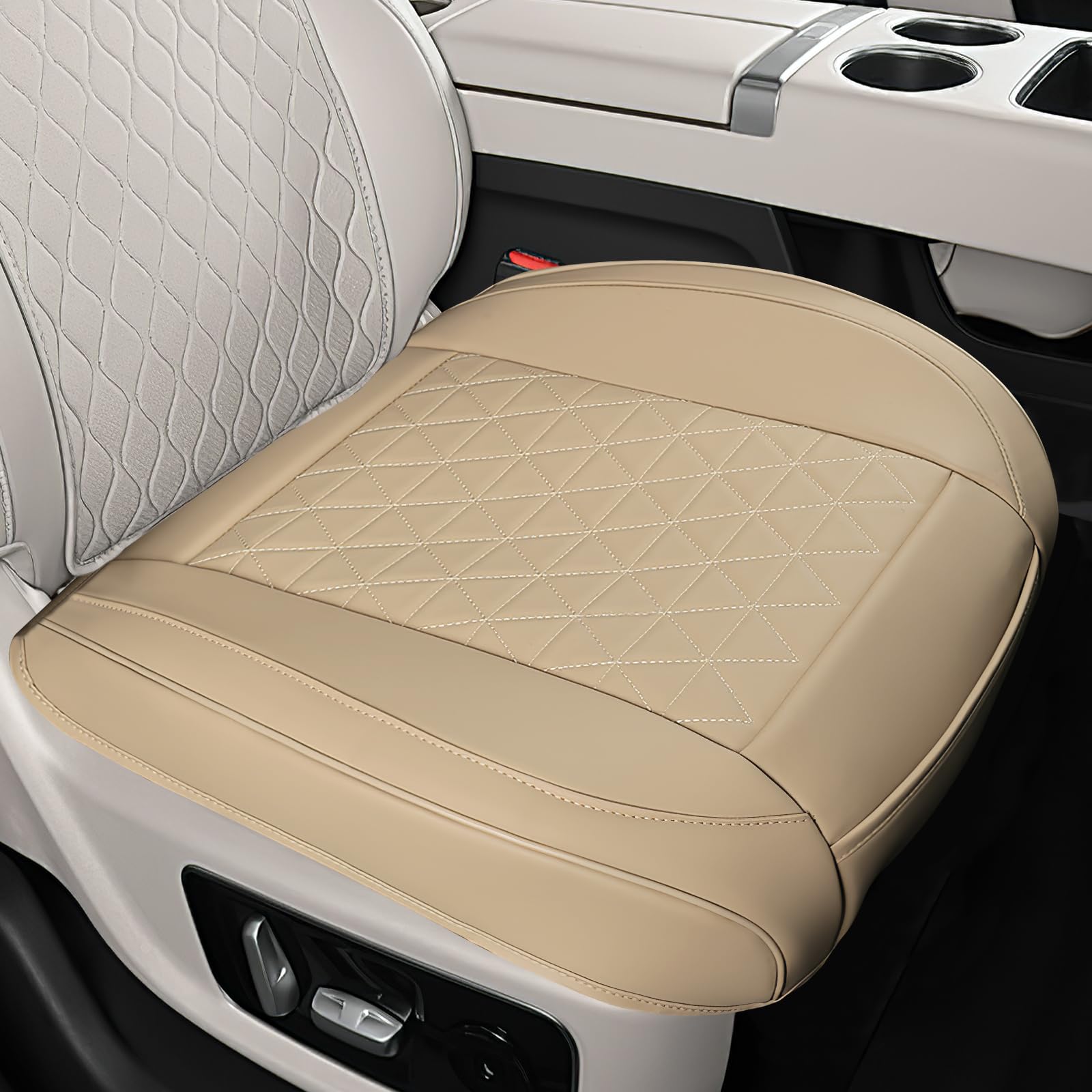 Leather Front Car Seat Cover, Full Wrap Bottom Seat Cover for Cars, Anti-Slip Seats Cushion Pad with Storage Pocket, Waterproof Auto Seats Protector, Interior Car Accessories (Beige)