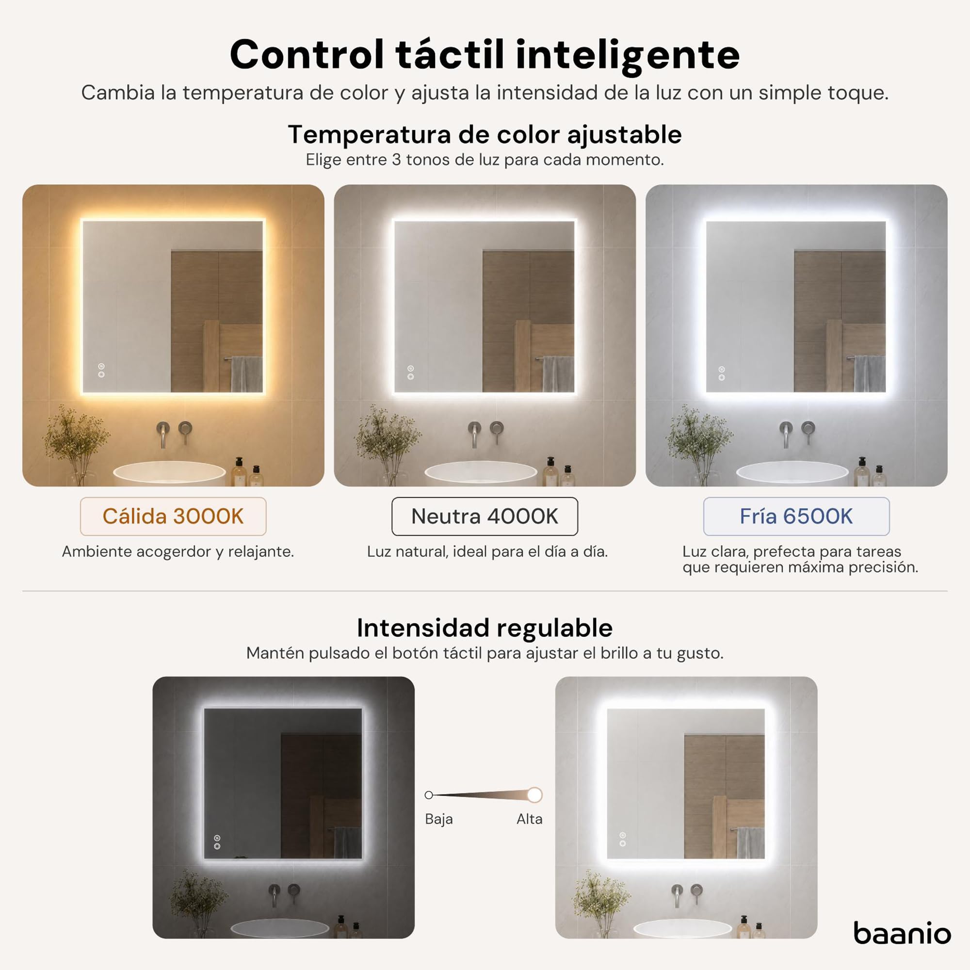Rondo – Espejo Baño LED Ovalado 60x90 cm con Antivaho – Retroiluminado, Luz Regulable 3 Tonos, Interruptor Táctil, Montaje Vertical