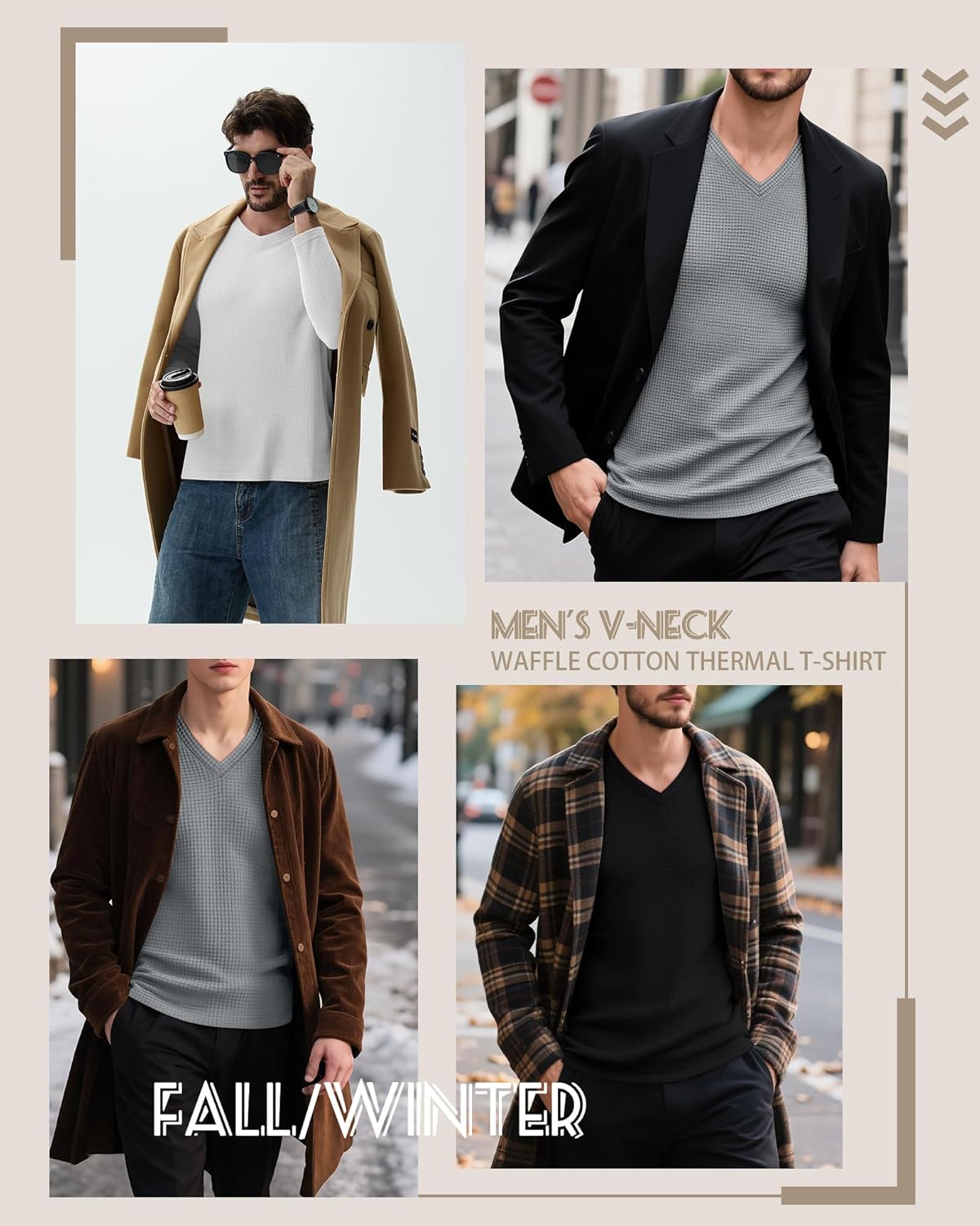 Ficerd 3 Pack Men's Waffle Thermal Long Sleeve Shirts V Neck Underwear Tops Casual Knit Undershirts Pullover Sweaters