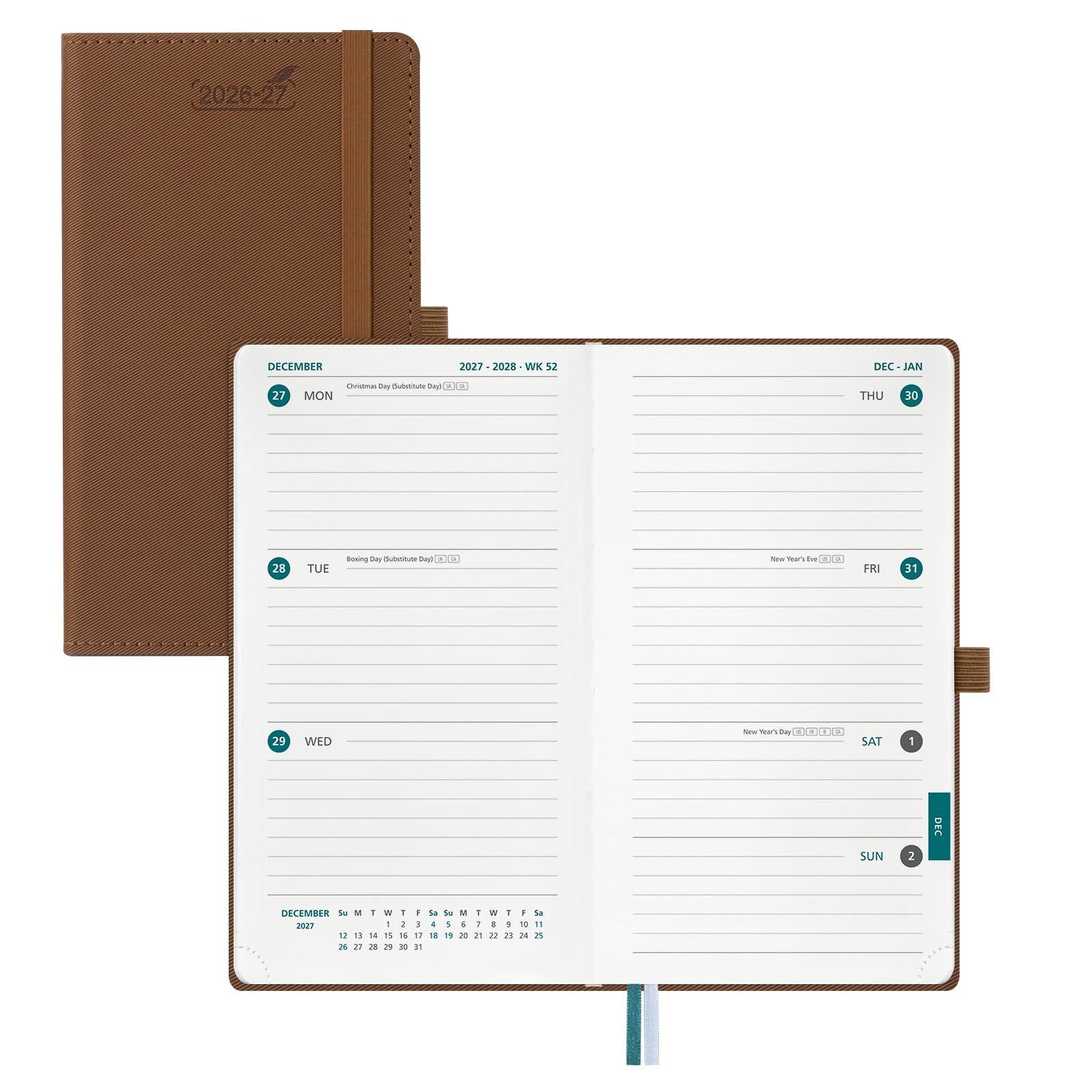 BEZEND Pocket Diary 2026-2027 Week to View (Jul'26 - Dec'27), Slim 17 x 9.5 cm. 18-Month Horizontal Weekly Planner with Pen Holder & Inner Pocket. for Work and Home. PU Leather Hardback - Brown