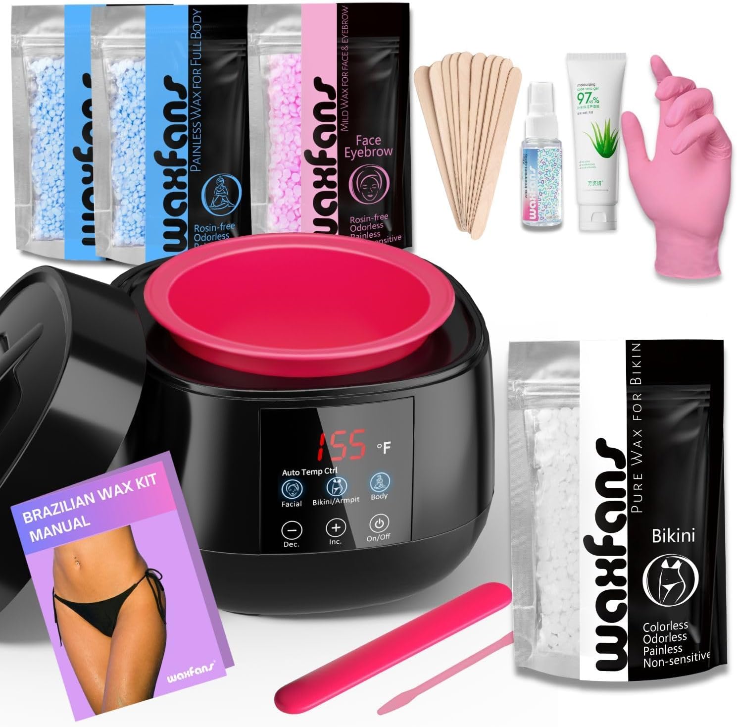 Smart Waxing Kit for Women with Temperature Control,Waxfans Digital Wax Warmer,Gentle Wax Beads for Sensitive Skin,For Brazilian, Bikini, Facial, and Body Hair Removal, at Home Waxing Kit for Women