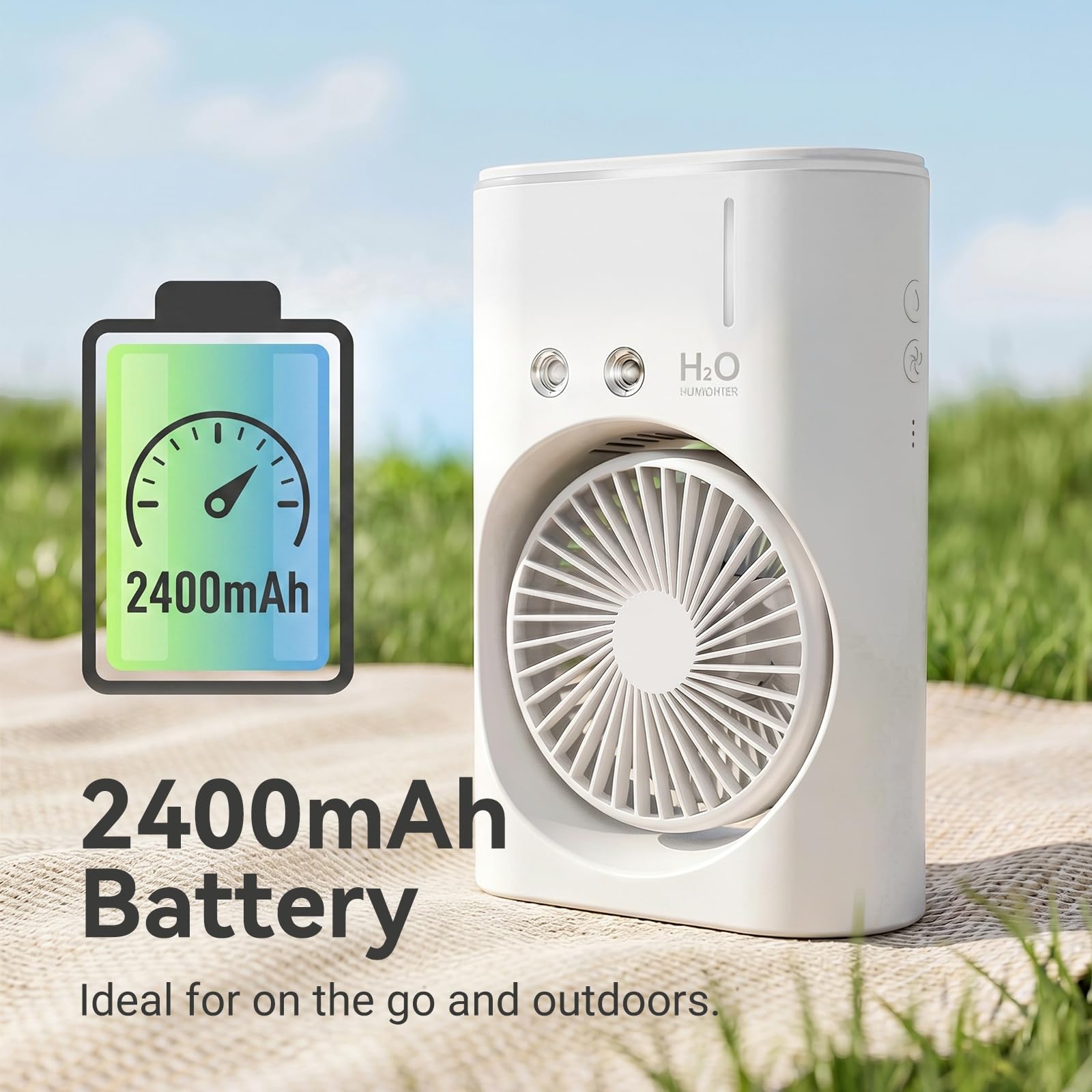EXTRASTAR Ventilador de niebla portátil, ventilador de carga USB con tanque de agua, iluminación RGB, tanque de 280 ml, ideal para oficina, viajes y actividades de plei