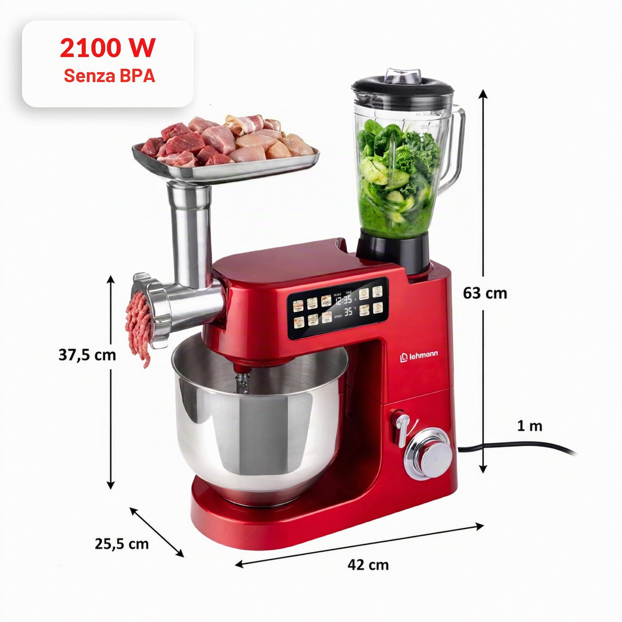LEHMANN Teyles Impastatrice Planetaria Professionale 2100W 8L con Bilancia Integrata, Touchscreen e Ciotola Riscaldata, Blender 1,5L, Tritacarne, Planetaria per Pane e Pizza, Rosso