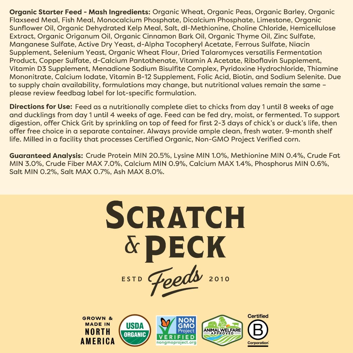 Scratch and Peck Feeds Whole Grain Starter Mash Chicken and Duck Feed - 25 lbs Bag - Corn-Free and Soy-Free - 20.5% Protein, Certified Organic and Non-GMO Project Verified Chicken Food