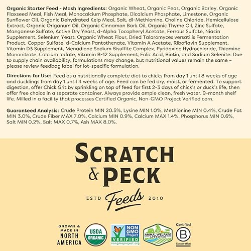 Miniatura 6 de Scratch and Peck Feeds Organic Starter Mash Chick Feed - 10 libras - 20.5% de proteína, proyecto verificado sin OMG, alimento para pollitos