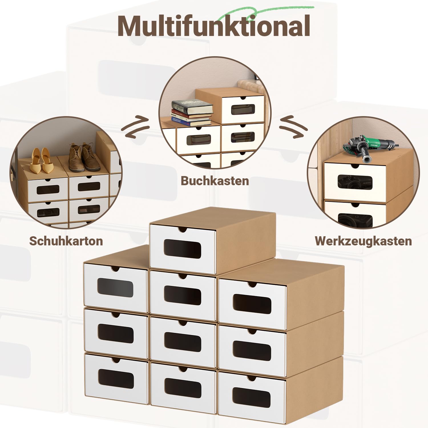Lote de 20 cajas de almacenamiento de zapatos en cartón blanco puro con ventana – Cajas de zapatos plegables de papel kraft, apilables, 35 × 23 × 13 cm