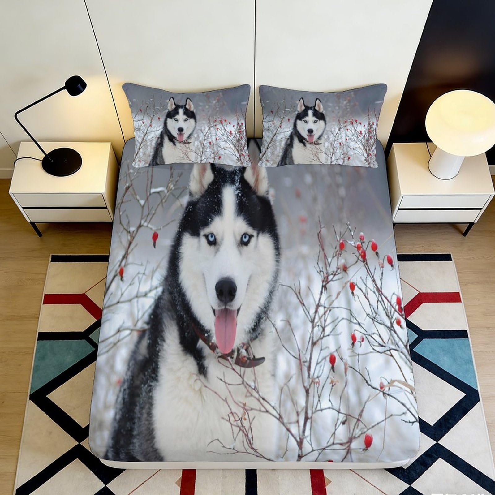 3D Printed Siberian Husky Snow Forest Fitted Sheet Microfiber Soft Anti-Slip Bed Cover for Bedroom Dorm Mattress Protection Decor 120x200x25cm