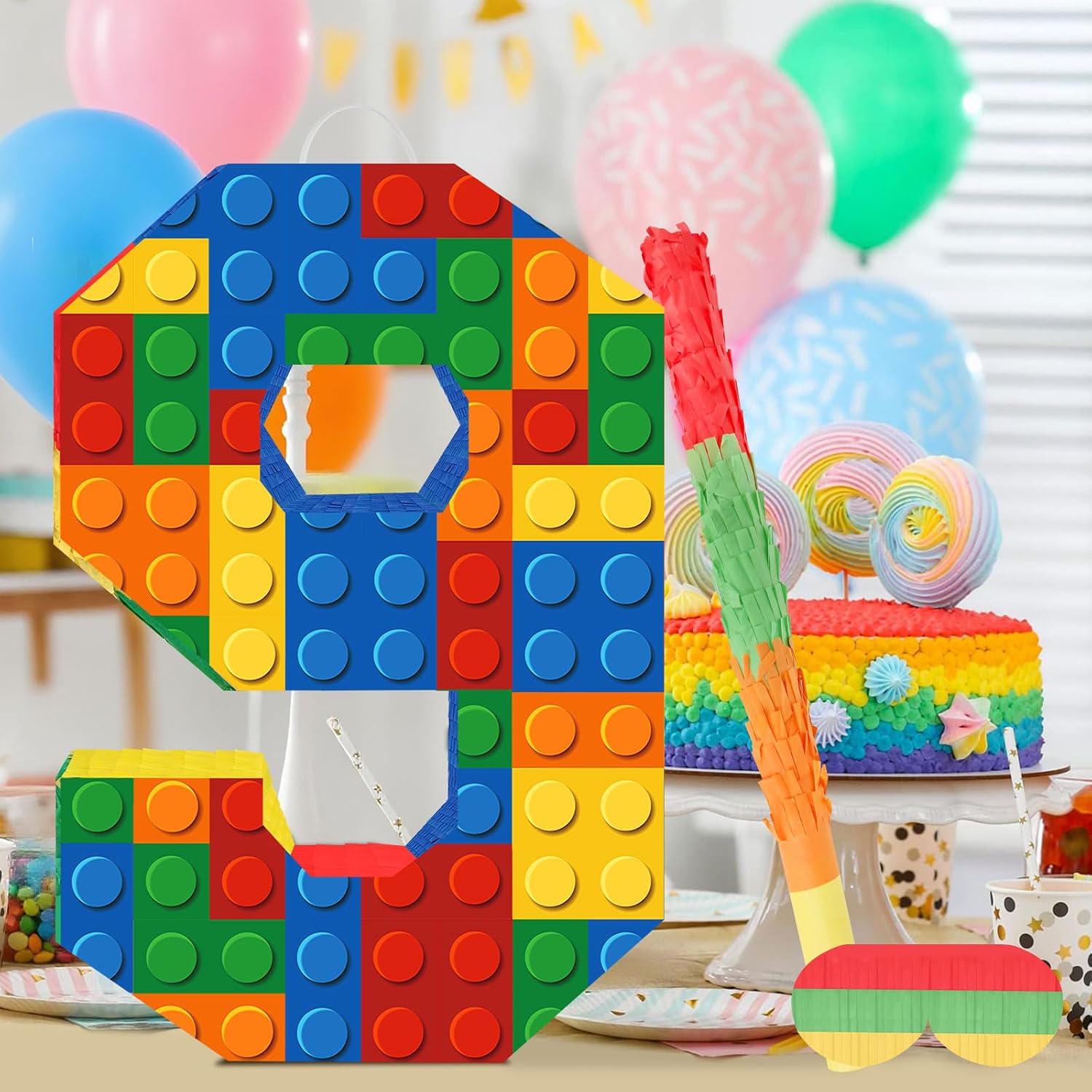 Number 9 Pinata with Blindfold and Bat Stick 9th Birthday Decorations for Kids Boys Girls Building Block Birthday Party Games Number Pinata for Fiesta (Small Size 16"x11"x3")