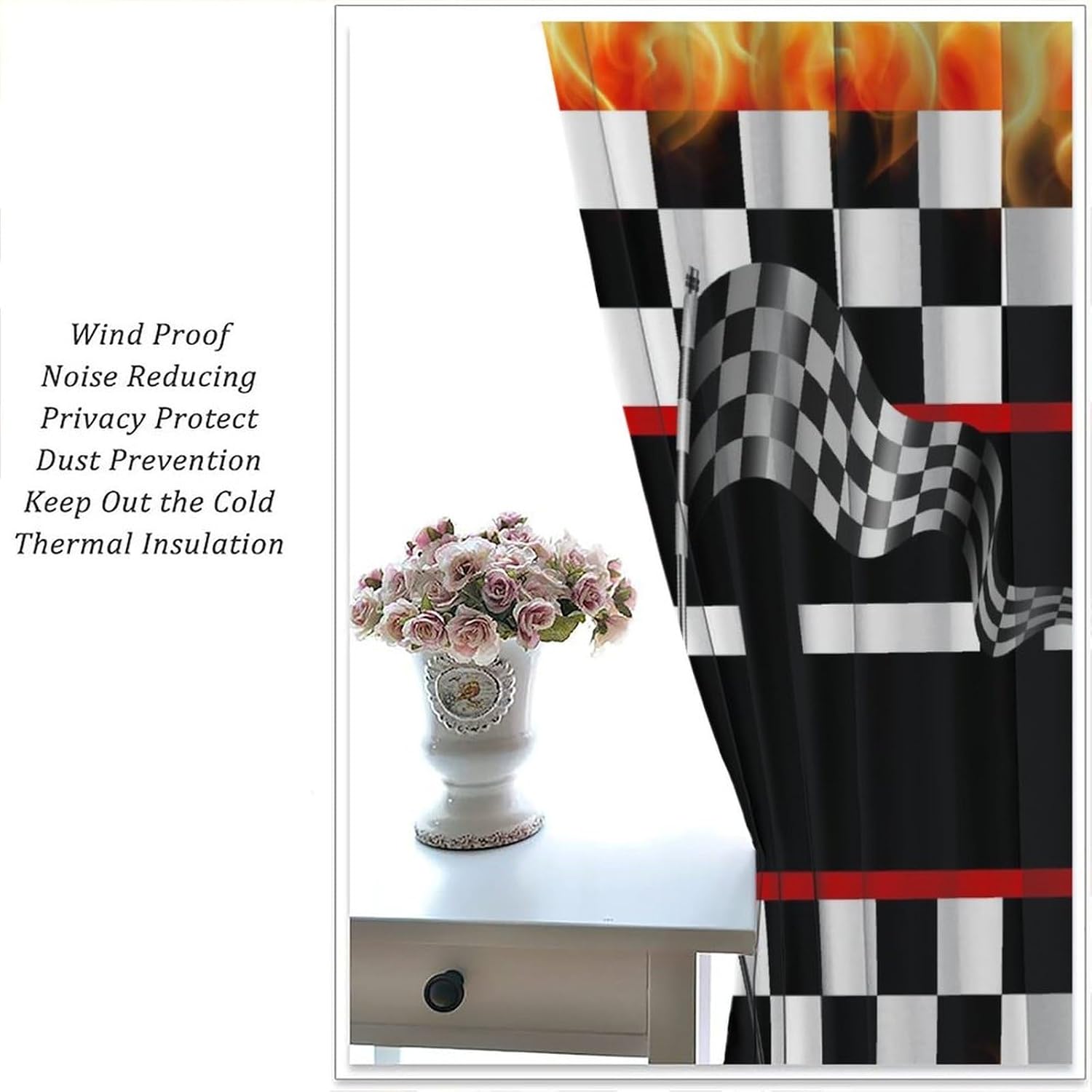 Flame Race Car Curtains, Racing Track Black White Grid Extreme Sports Blackout Window Treatments Drapes for Kids Boys Girls Bedroom Playroom Nursery 63" W X 72" L