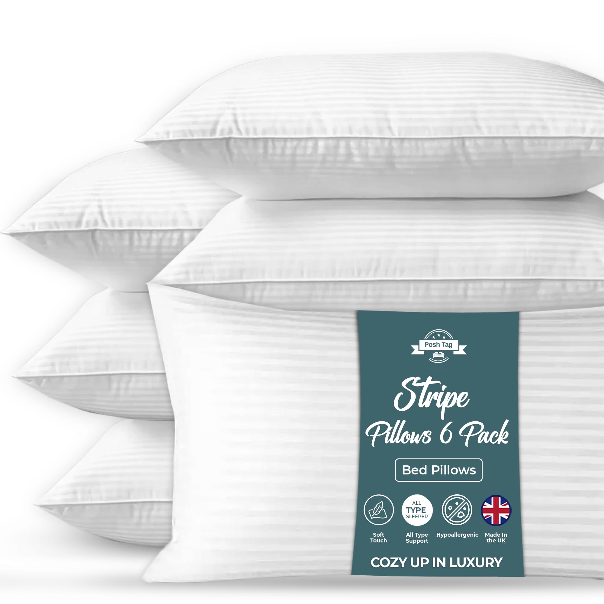 Posh Tag Stripe Pillows 6 Pack 74cm x 48cm Hotel Quality, Comfortable & Breathable Bed Pillows and Hollow Fiber Filled Anti-Allergic Back Support Hypoallergenic