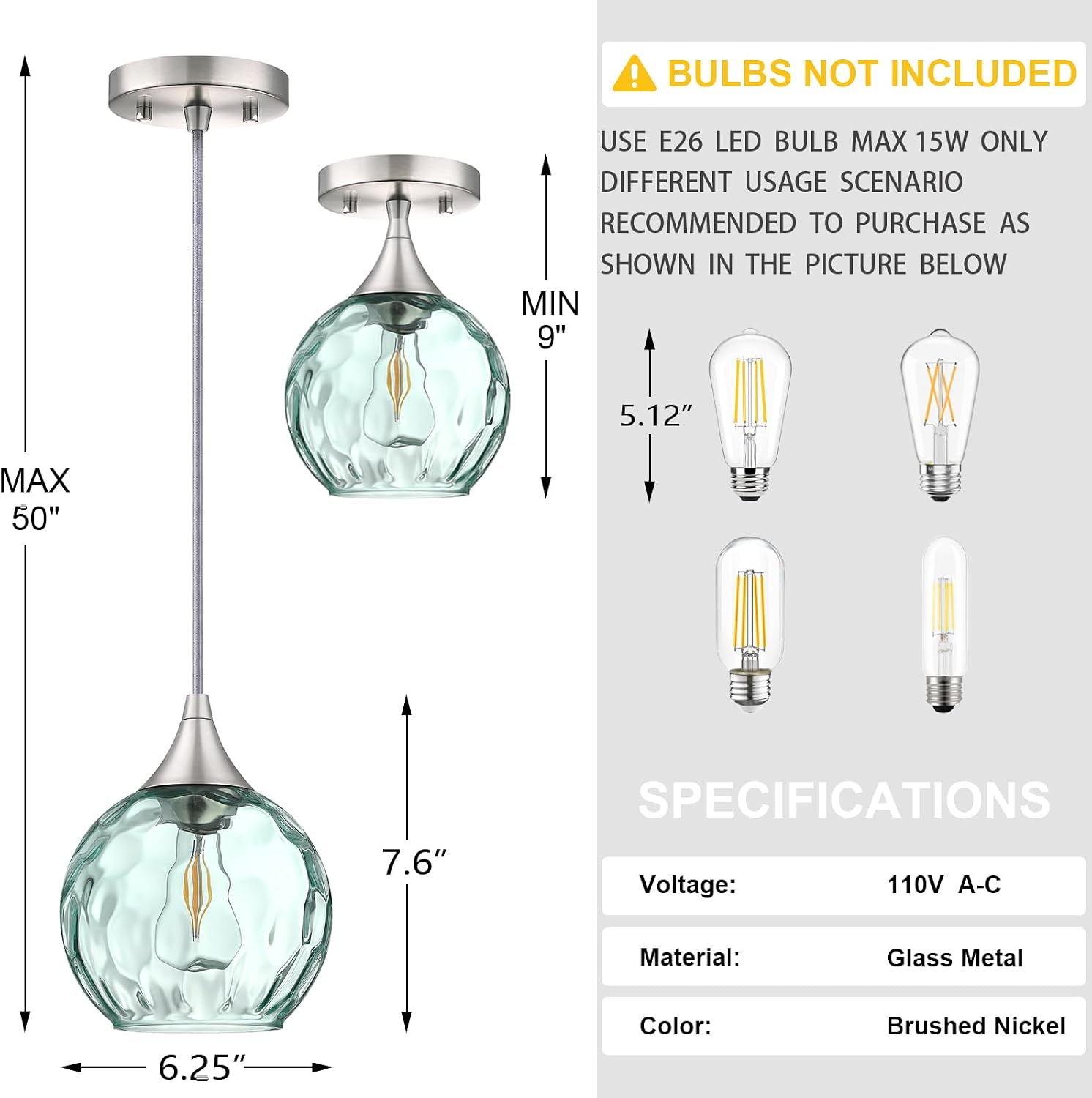 6.3" Hammer Green Glass Pendant Light 3 Pack Pendant Ceiling Light Fixtures Brushed Nickel Finish Modern Kitchen Island Farmhouse Dinning Over Sink