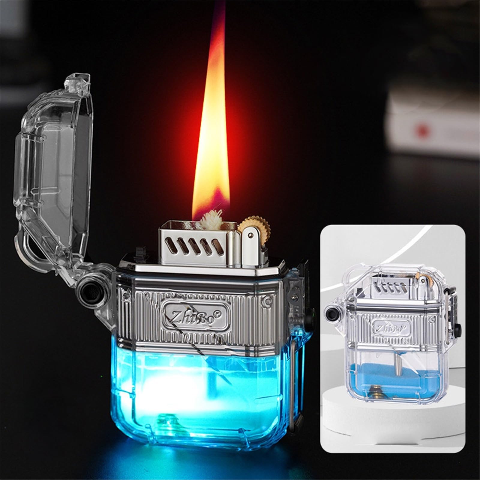 Encendedor de queroseno impermeable y resistente al viento con tanque de queroseno transparente