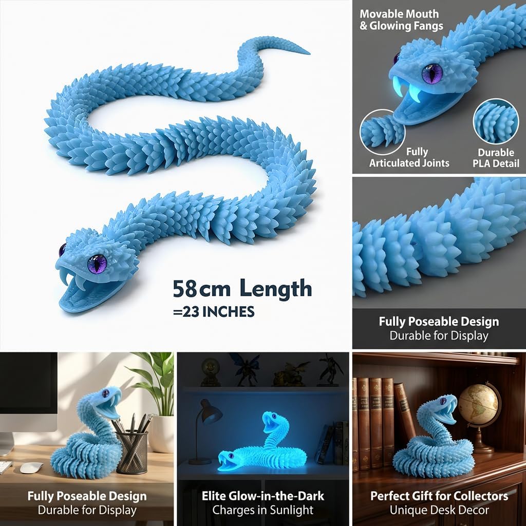3D Printed Blue Viper Snake, 23" Glow in the Dark Articulated Snake Sculpture with Movable Jaw & Fangs, PLA Desk Decor for Display Shelves & Adult Collectors
