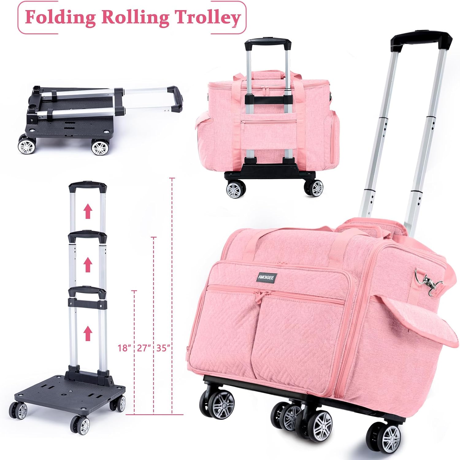 AMOIGEE Full-Open Sewing Machine Case with Wheels, Large Rolling Sewing Machine Bag with Detachable Foldable Dolly, Heavy-Duty Embroidery Tote for Brother Singer Janome Standard Machines Storage