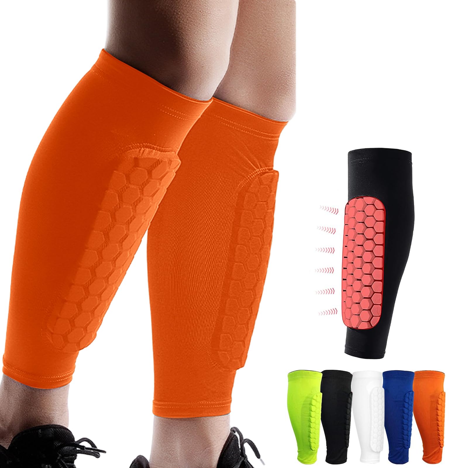 Shindefender Shin Guards Pads, Honeycomb Compression Sleeve Football Shin Guards for Boys, Teenagers and Adults, Soccer Defender Pads with Superior Impact Absorption, Lightweight (Orange, L)