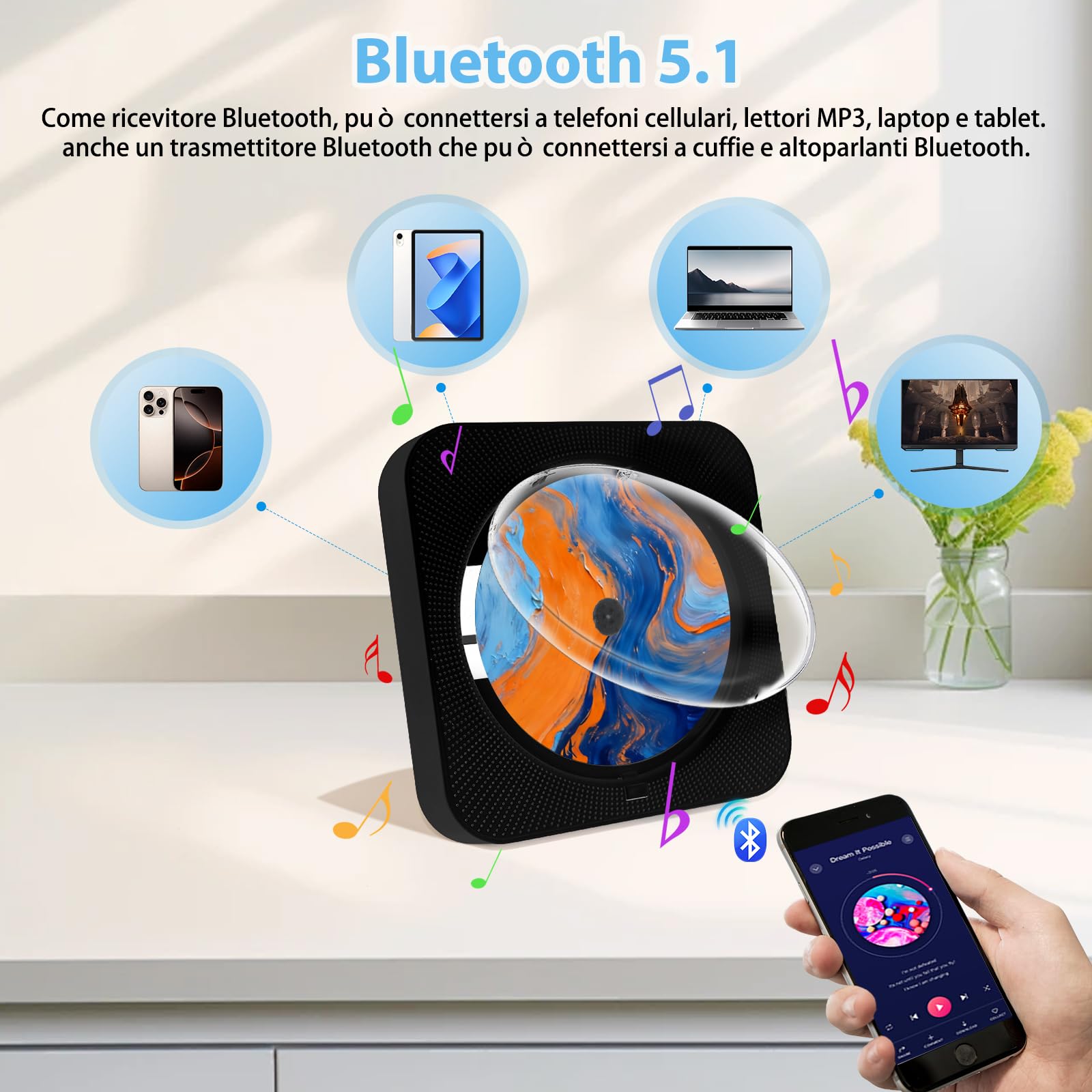 Lettore CD Portatile con Bluetooth 5.1, CD Player Desktop Domestico, Lettore CD HiFi Musicale con Altoparlanti, LED Schermo FM Radio USB/AUX Prese per Cuffie Telecomando, Regalo di Natale (Nero)