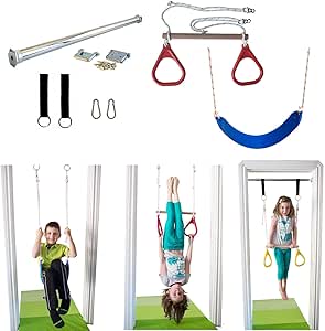 DreamGYM Doorway Swing for Kids Indoor - Trapeze Bar and Gymnastic Rings Combo and Classic Rope Swing for Doorway Gym