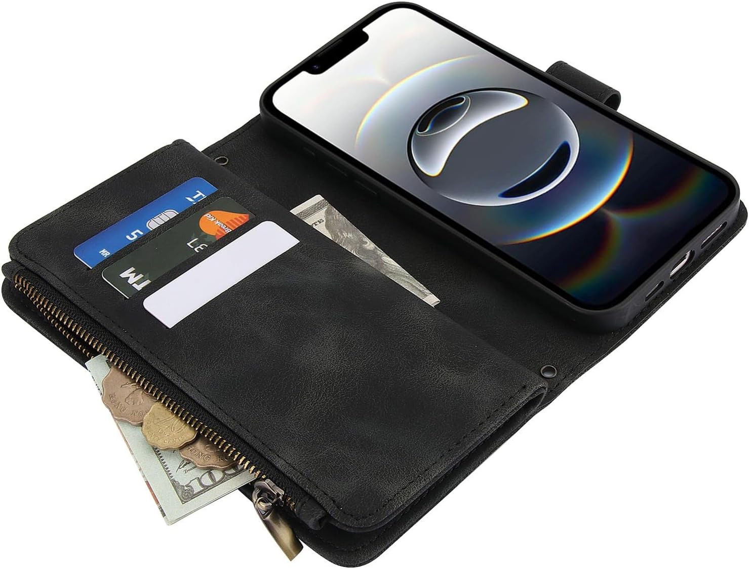 for iPhone 17 Crossbody Wallet Case with Card Holder, PU Leather Magnetic Strap Zipper Pocket Phone Cover - Black