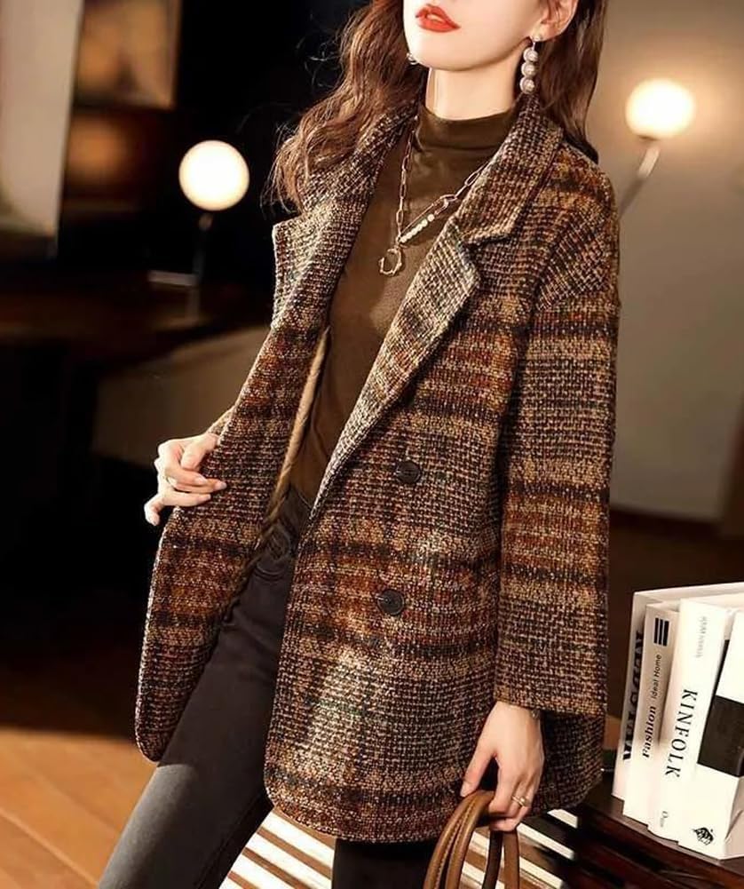 Cappotto Scozzese Invernale da Donna Giacca Blazer Doppiopetto con Risvolto Elegante con Tasche Giacca Formale Giacca Blazer Divisa con Risvolto Casual