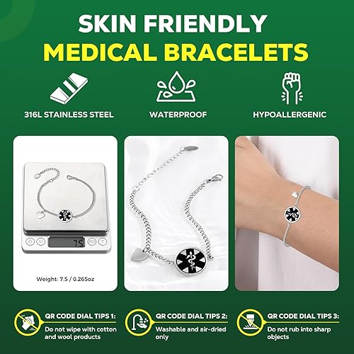 Vista 65 de Pulseras médicas mejoradas para hombres y mujeres con código QR, pulseras de identificación de alerta médica, pulsera de acero de titanio que se