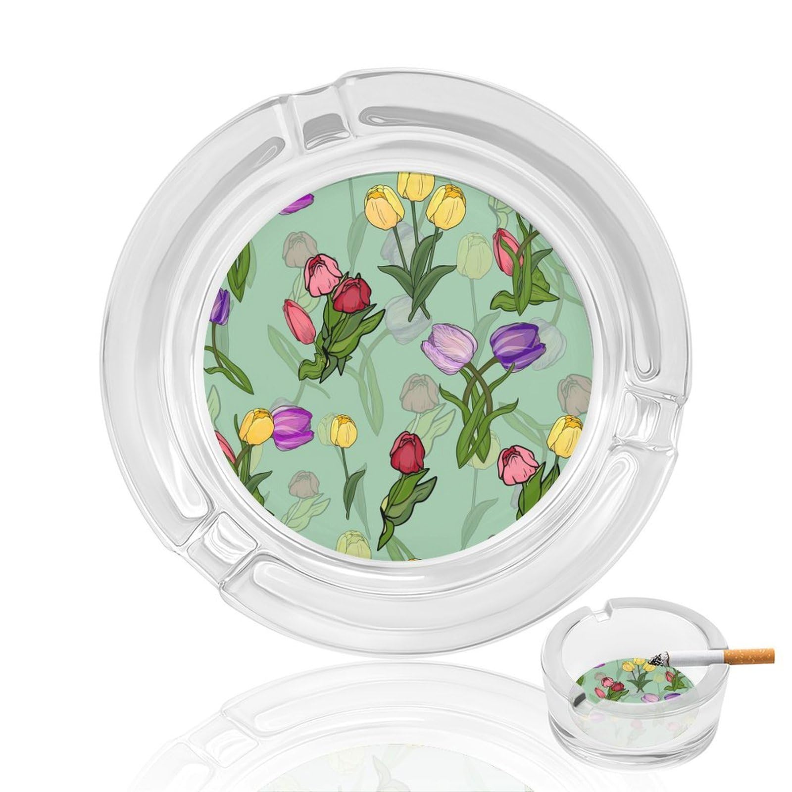 Watercolor Tulip Flower Glass Ashtray 3.3 Inch Round Cigarette Ash Holder with 4 Grooves for Home Office Outdoor One Size