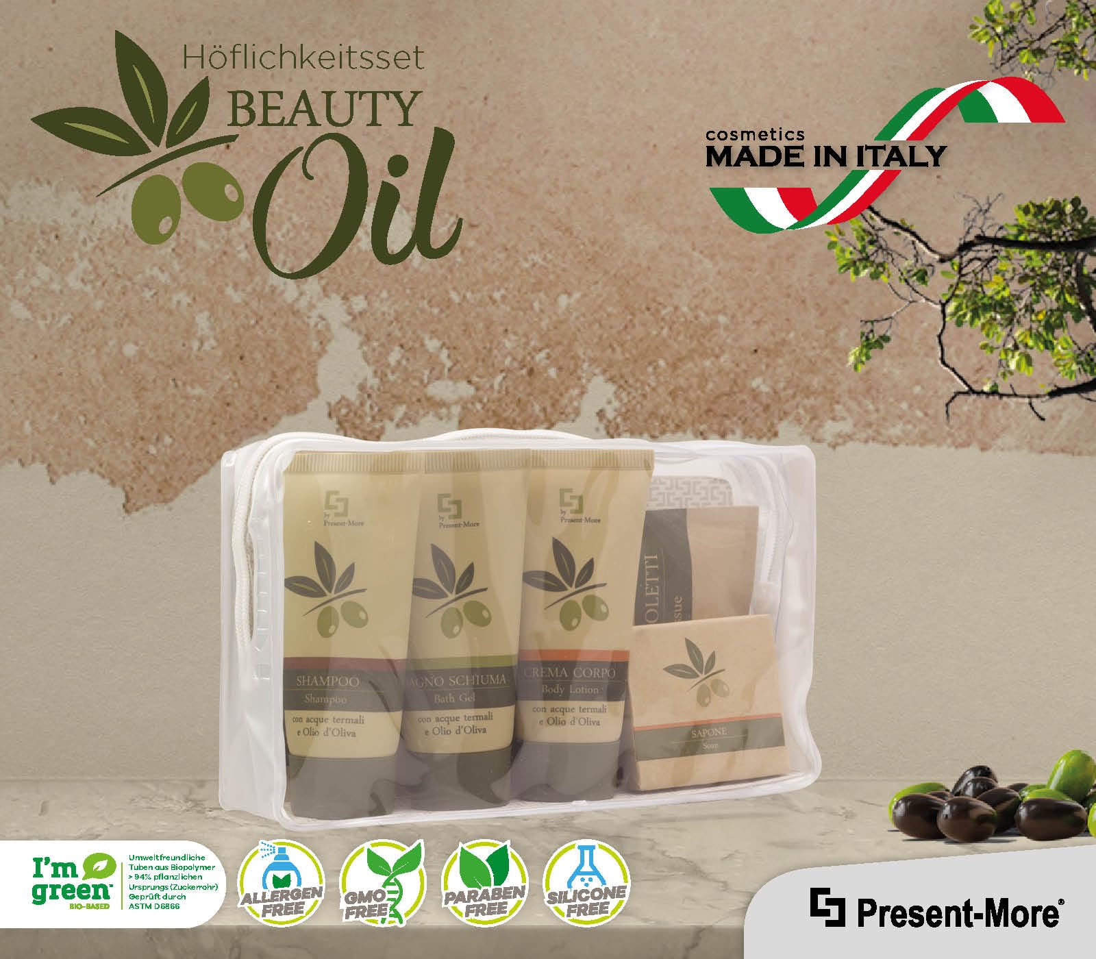 Present-More Amenities Kit Beauty Oil - Welcome Gift Toilettenartikel 24 Gäste für Hotels und B&B | Allergenfreie Amenities Kit mit Duftnote Tahitian | Tahitian Parfum – Shampoo, Duschgel, Creme, Seife und Zubehör – Made in Italy – für Hotels und B & B