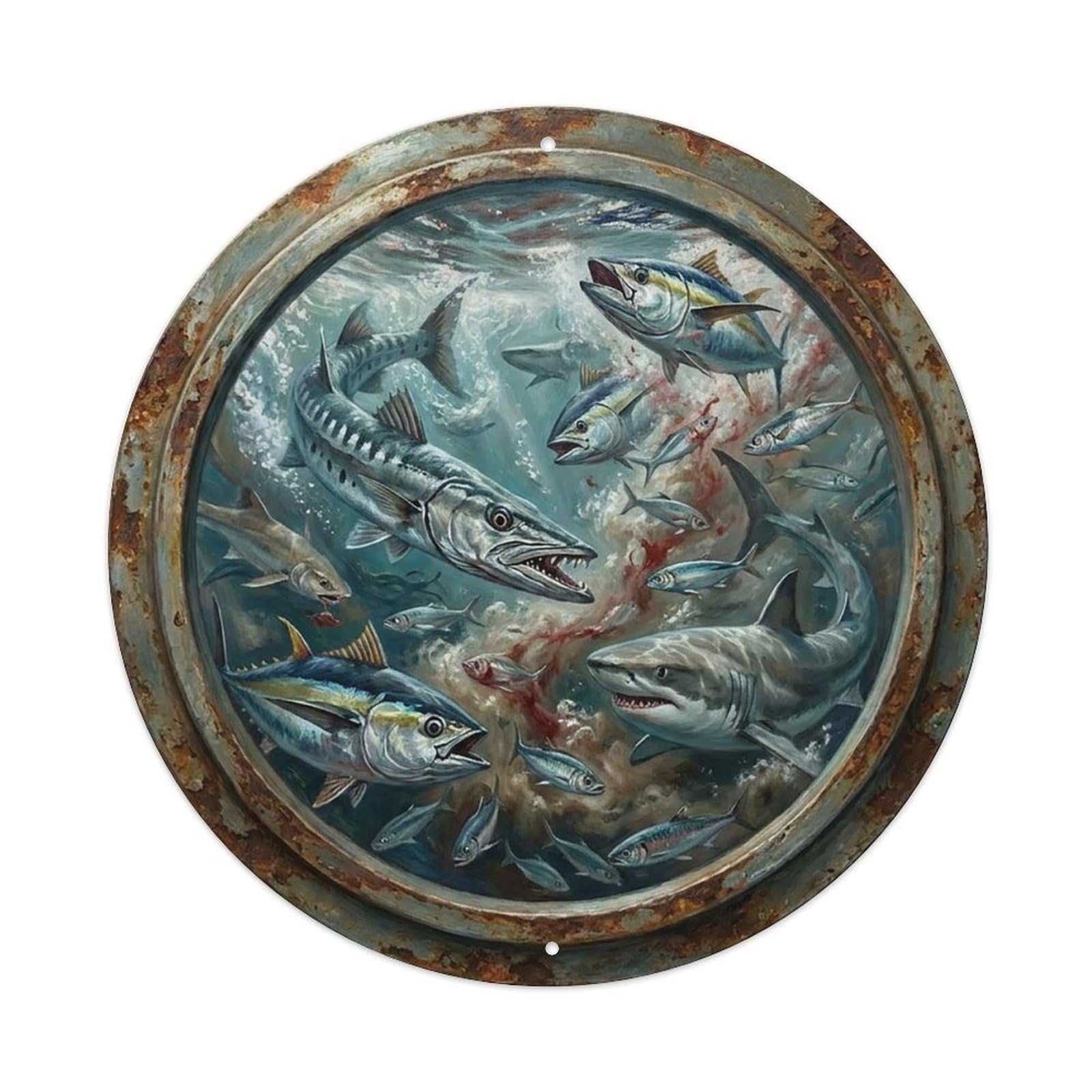 Vintage Porthole Feeding Frenzy Ship Window Under Deep Metal Tin Sign