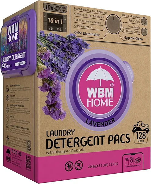 WBM 10-in-1 Laundry Detergent Pods, Fabric Softener with Lavender Extracts, High-Efficiency Laundry Pods with Powerful Stain Lifter Technology - 128 Count Bag