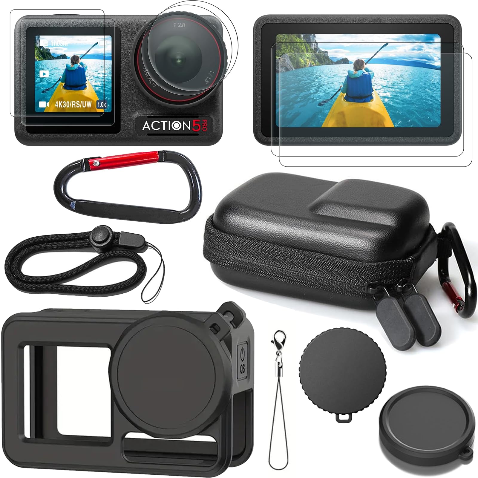 Action Camera Accessories for DJI Osmo Action 5 Pro, Includes Silicone Case and Hard Travel Storage Case, 6 Screen Protectors, 2 Silicone Lens Caps, 2 Lanyards and Carabiners, and 2 Cleaning Papers-image-0