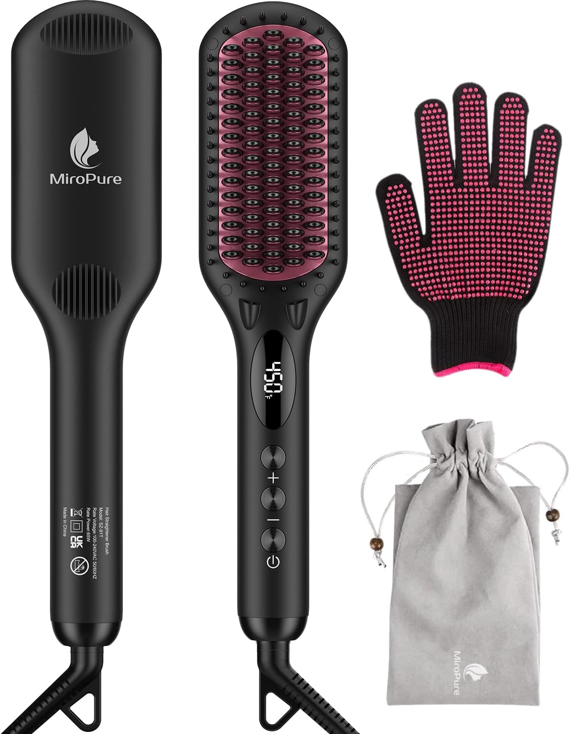 2-in-1 Ionic Straightening Brush with Anti-Scald Feature, Auto Temperature Lock & Auto-Off Function (Black)