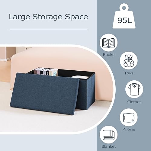 Miniatura 14 de PINPLUS Banco otomano plegable de almacenamiento con bandeja de tapa, mesa de centro otomana de 30 pulgadas, silla de cubo gris, taburete de