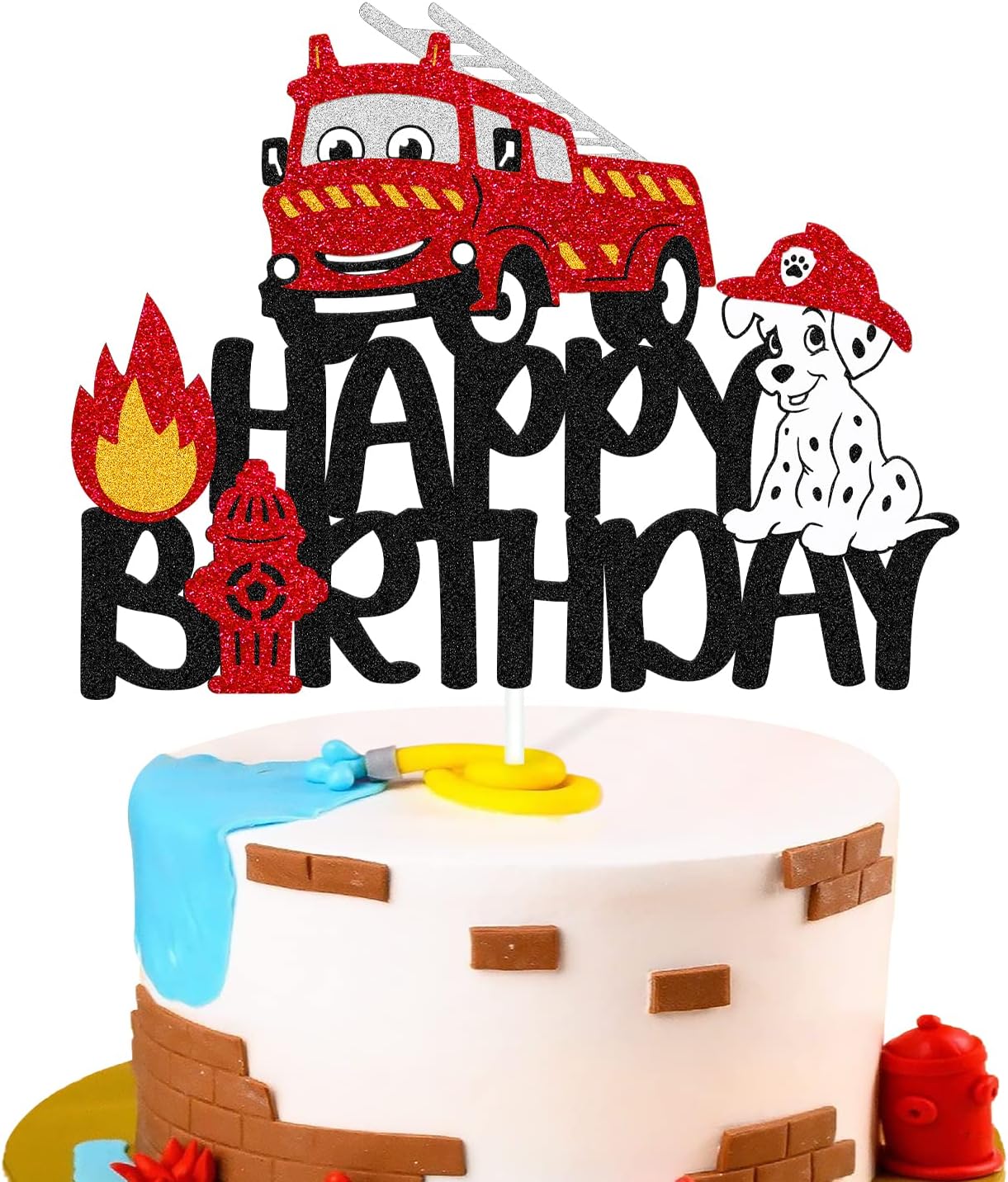 Firetruck Birthday Cake Topper Fireman Firefighter Theme Kids Boy Man Happy Birthday Party Cake Decoration Fire Truck Birthday Party Supplies Glitter Black