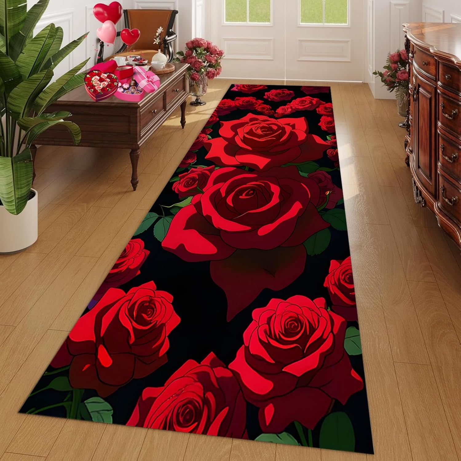 Floral Runner Rug 2x6, Red Rose Flowers Printed Washable Runners,with Non Slip Backing Thin Floor Mat for Hallway Girls Bedroom Powder Room Corridor Rug