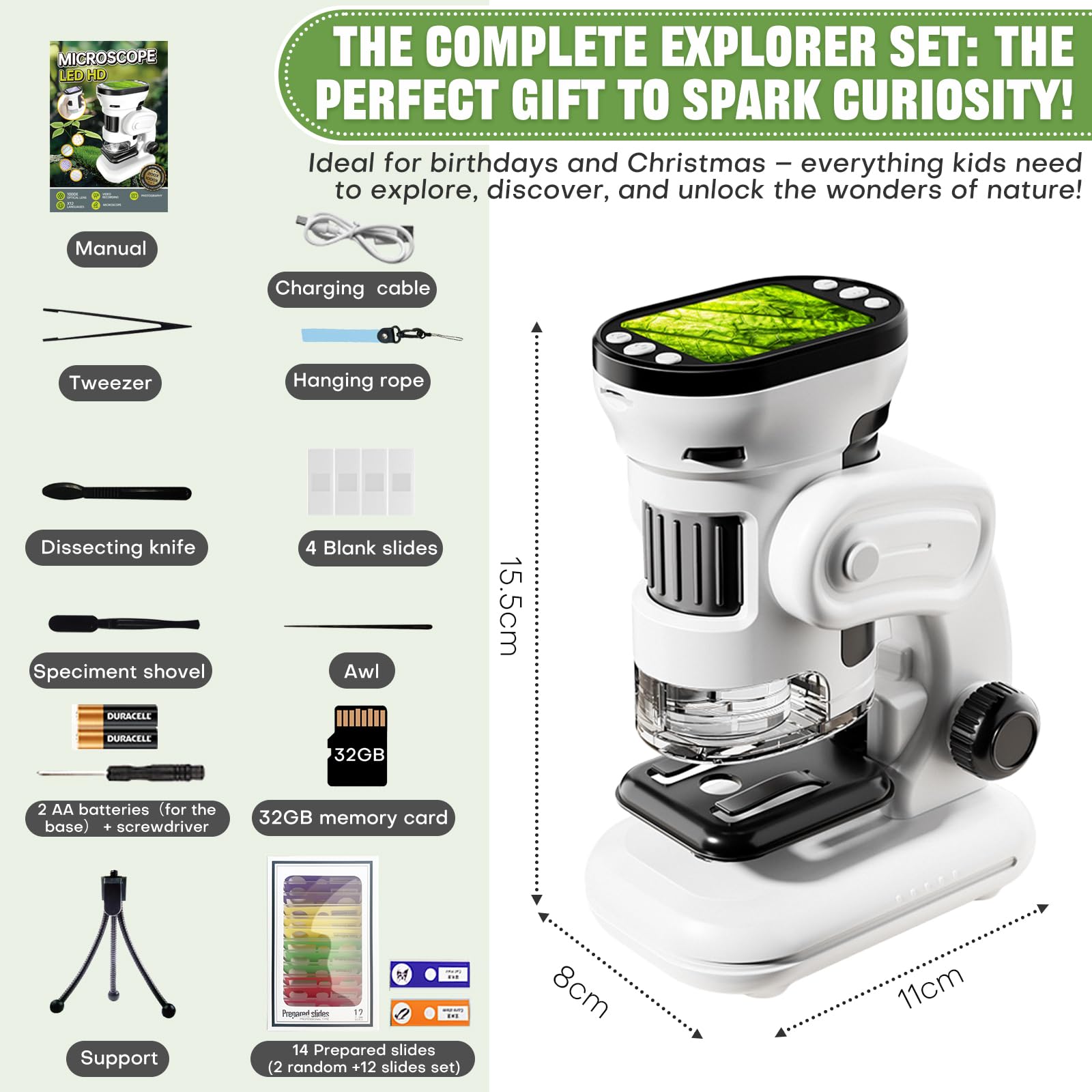 3 en 1 Microscopio Digital para Niños 1000X Portátil con Pantalla 2.0" 6 Luces LED Ajustables Incluye 14 Muestras Preparadas y Tarjeta de 32 GB Navidad y Cumpleaños